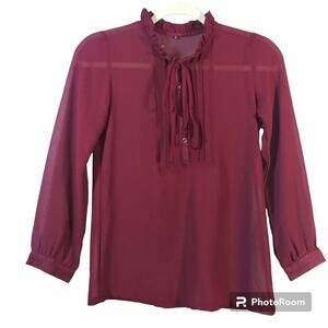 Haidi Burgundy Sheer Front Tie Blouse Top Size Small